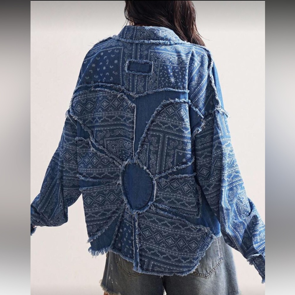 Flower patchwork distressed print big floral Blue… - image 3